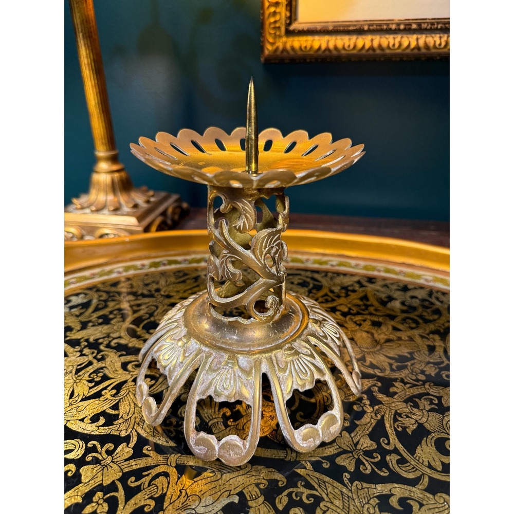 Antique Art Nouveau Brass Column Candleholder with Spike –‎ c.1900s